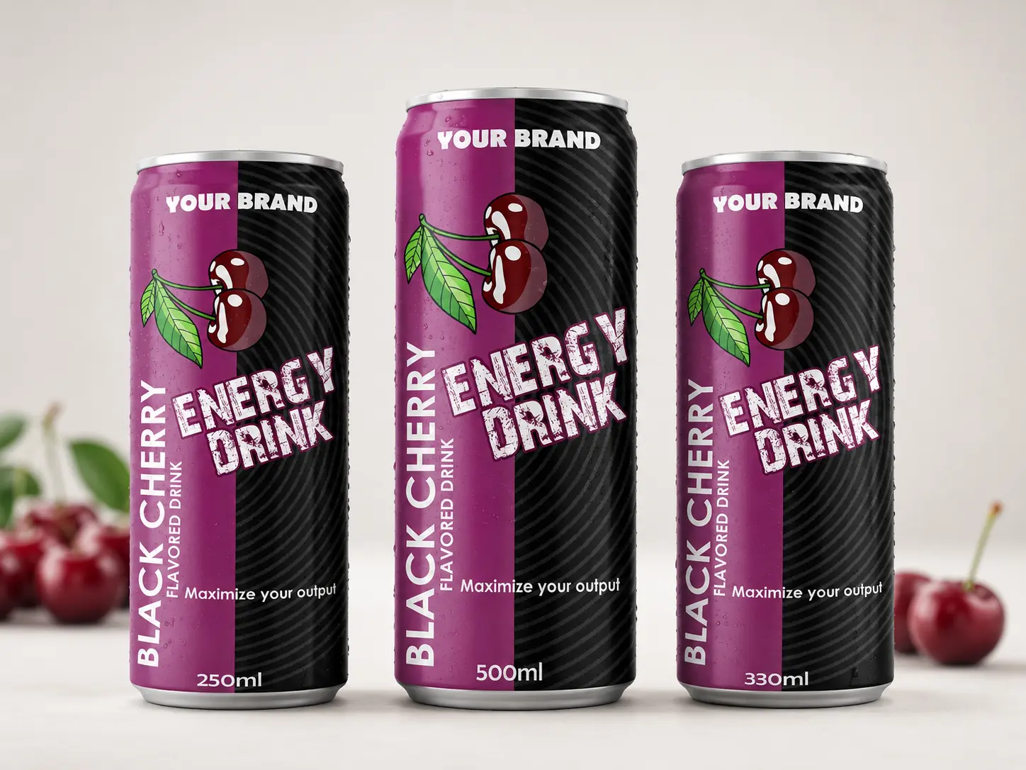 ENERGY DRINK Black Cherry flavored drink cans in 250ml, 500ml, and 330ml cans.